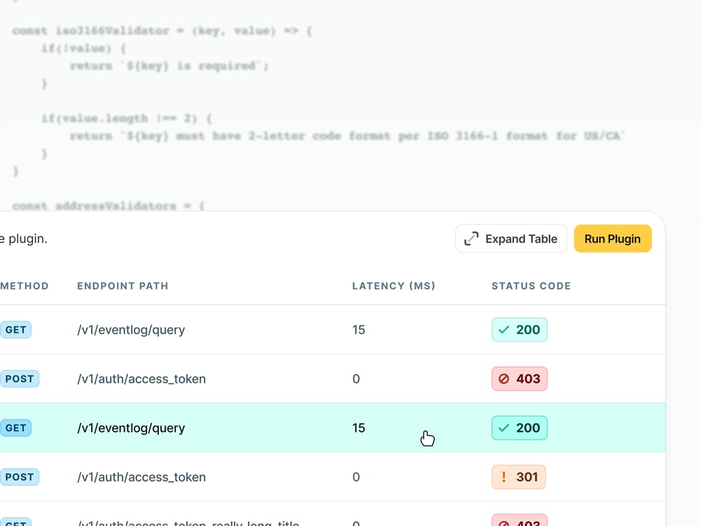 API dashboard, with a slide-over drawer that shows details of API requests.