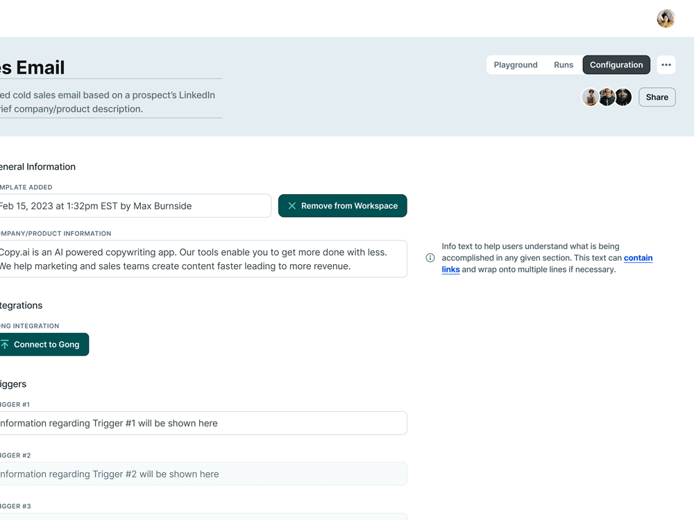 UI for a settings screen for AI workflows.