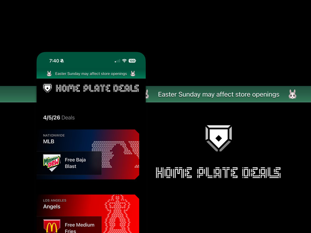 Alert banner with green background that reads, 'Easter Sunday may affect store openings' on Home Plate Deals web application.