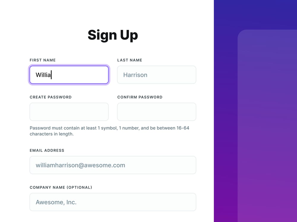 Signup form for Wally's crypto platform