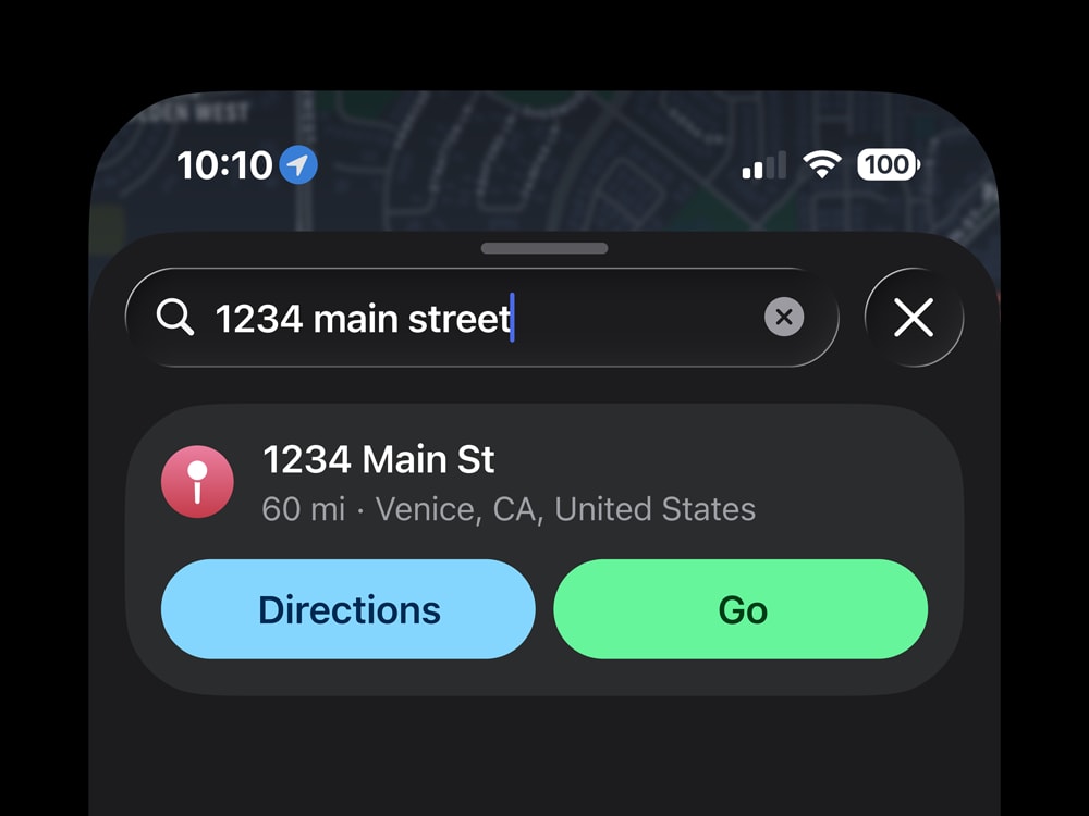 Feature concept that would add 'Go' action directly to top search of location in iOS Apple Maps.
