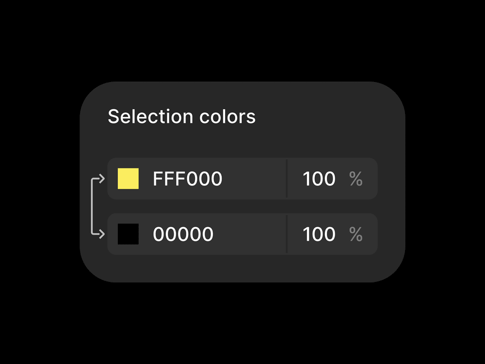 Feature concept demonstrating ability within Figma to quickly swap selection colors by clicking on an icon with an arrow pointing at each color.