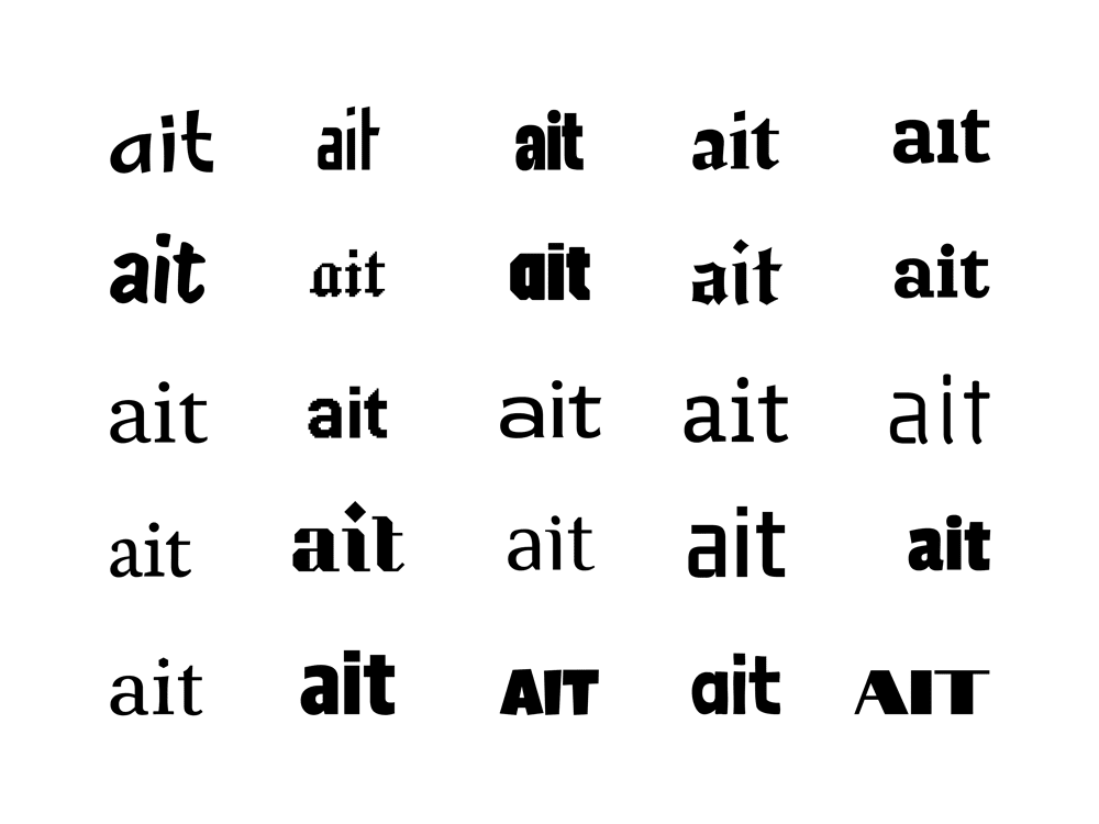A selection of 25 instances of 'ait' shown various typefaces.