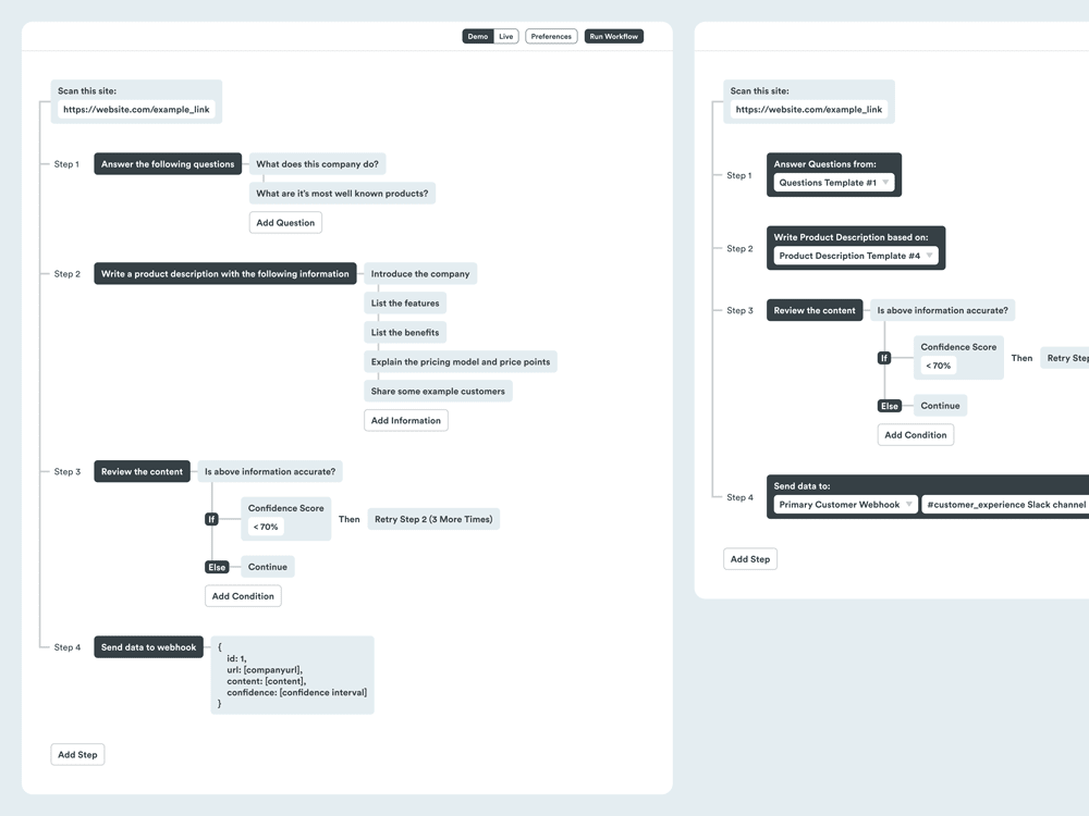 Planning wireframe diagram for an AI workflow tool.