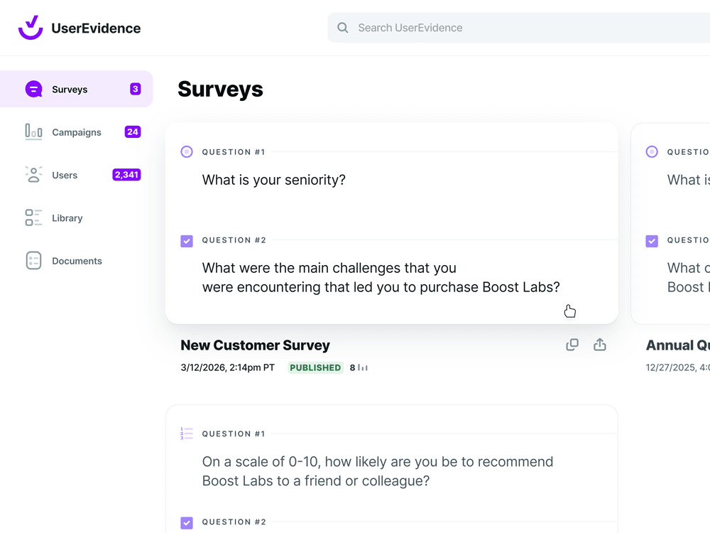 UI of UserEvidence Surveys