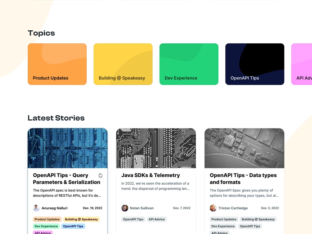 Blog web page for Speakeasy API, showing some of the 'Topics' and 'Latest Stories' sections.