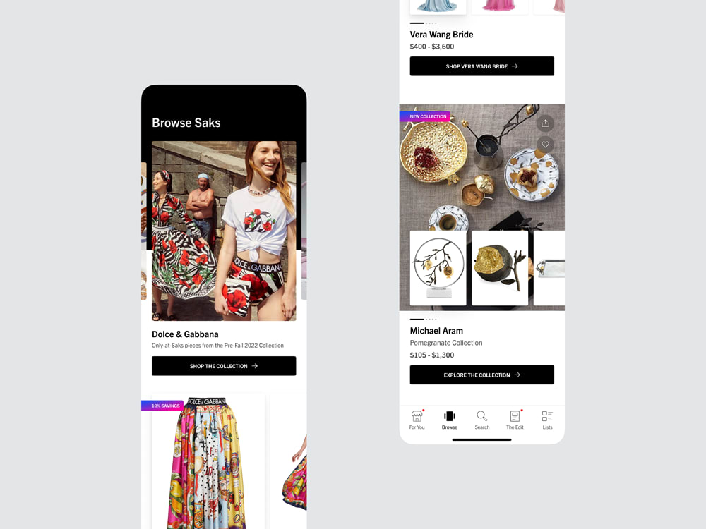 UI of iOS Saks app.
