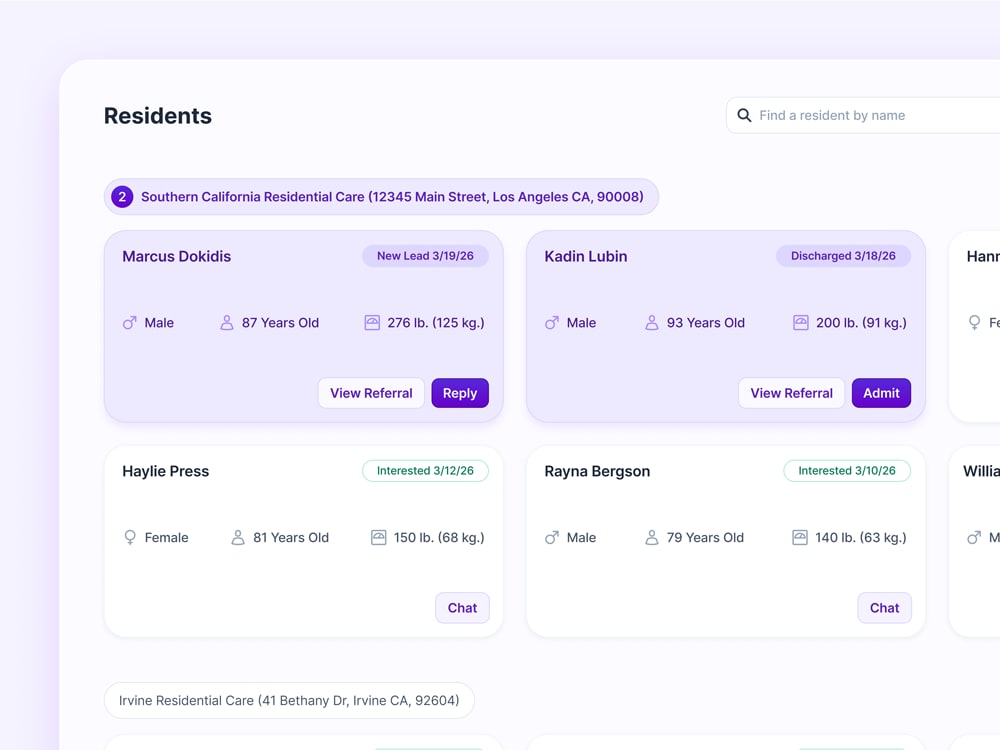 Resident view in a medical web application, shown from a user perspective of managing multiple locations.