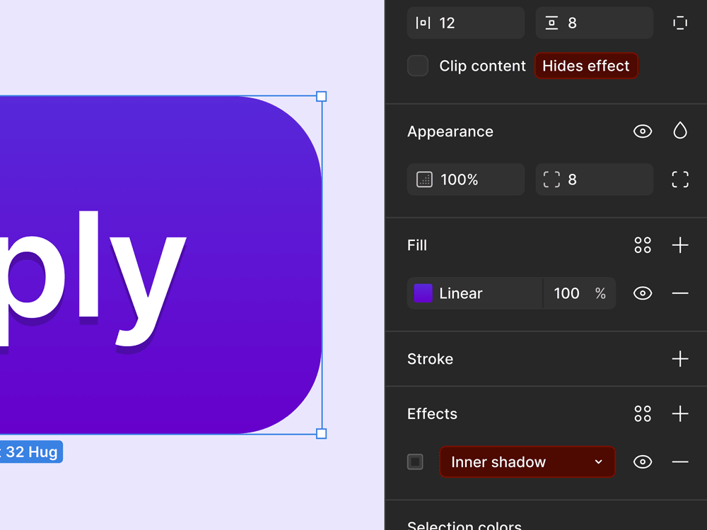Feature concept by Max Burnside in Figma demonstrating when de-selecting the 'Clip content' checkbox how an alert could appear that reads, 'Hides effect', as well as highlighting the Inner shadow Effect input dropdown field.