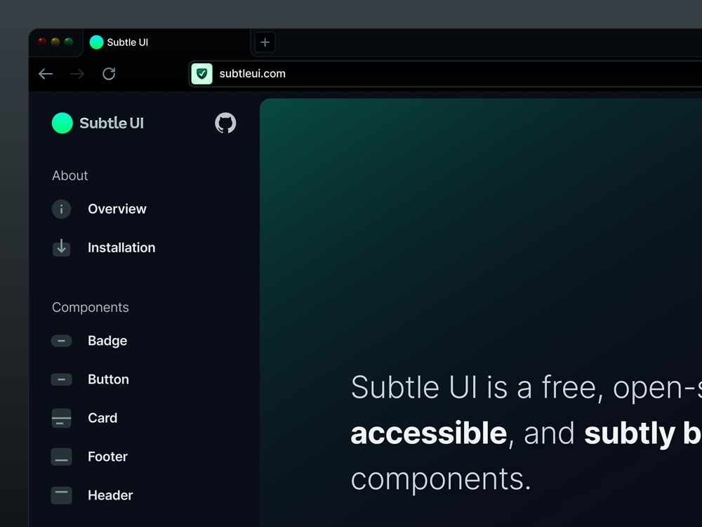 Preview of a section of the Subtle UI design system documentation web site.