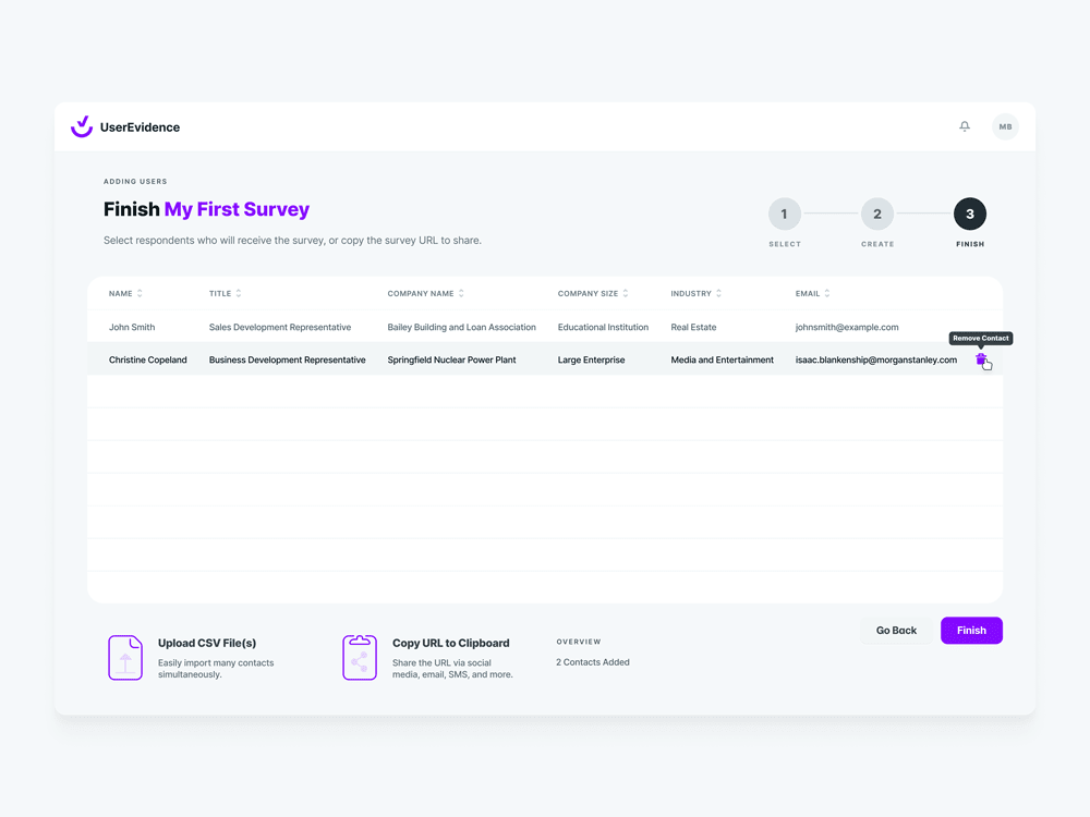 UI for a survey creation web application for UserEvidence. The title of the section reads, 'Finish My First Survey'.