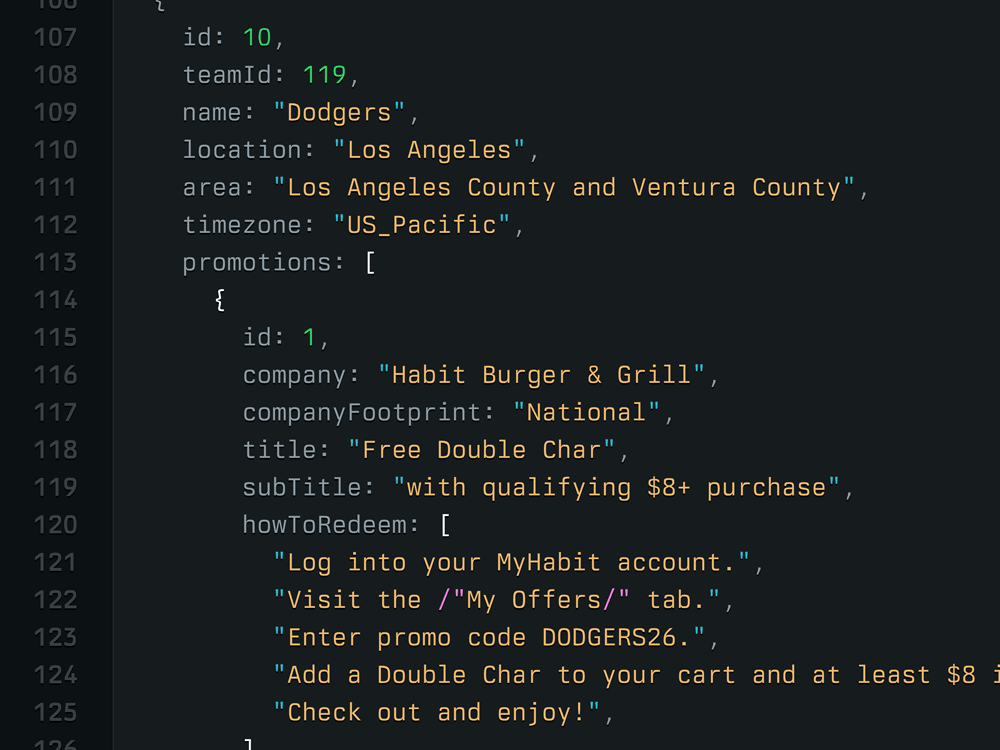 Code editor displaying JSON data for Home Plate Deals.