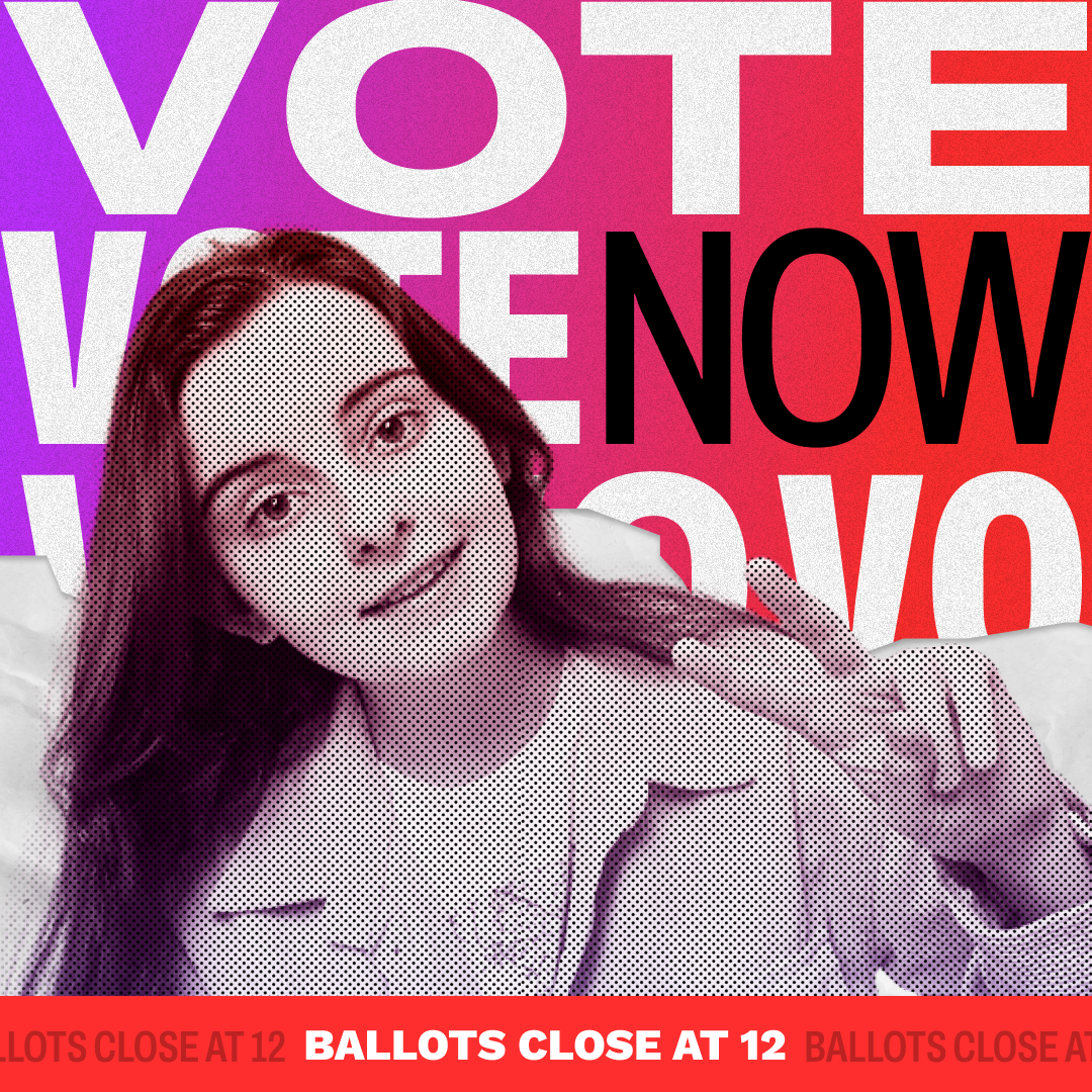 Cara McDade in front of wall of text that says Vote Now which has a purple and red background. Red bar on the bottom that says Ballots close at 12