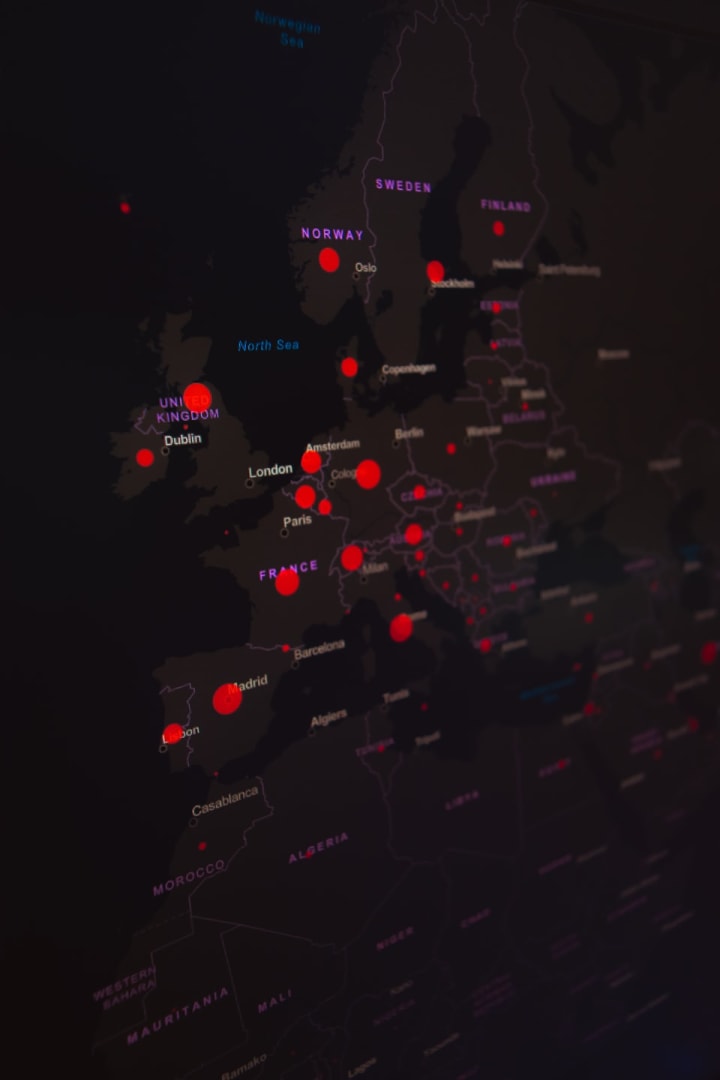 Digital map of the UK and Europe showing logistics network connections and distribution hubs on a dark background