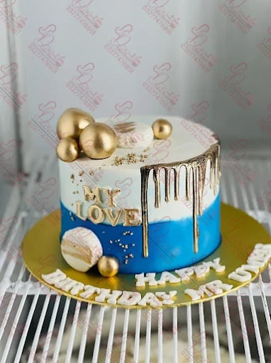 Blue White Gold Drip Cake Faisalabad