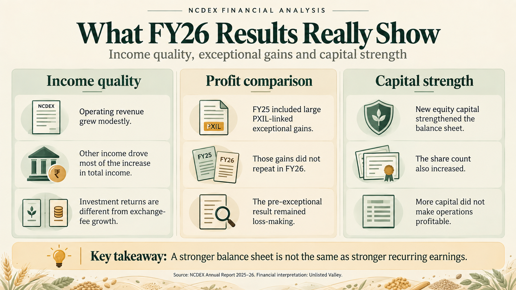 NCDEX FY26 financial summary explaining income quality, FY25 exceptional gains and a stronger balance sheet despite continued losses.