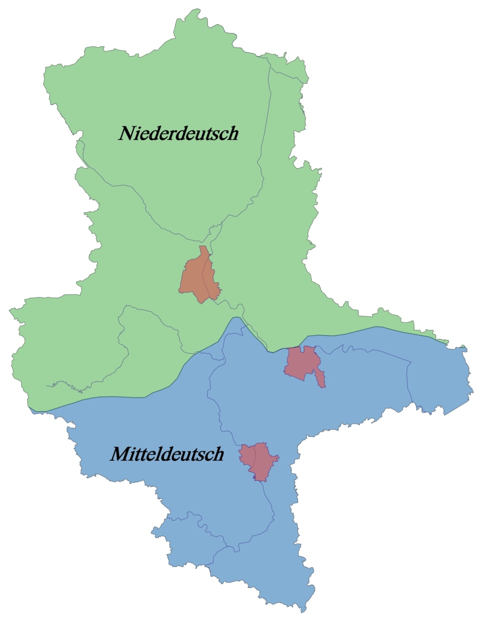 Der geteilte Sprachraum in Sachsen-Anhalt. Die niederdeutsche Nordhälfte wird zunehmend vom Mitteldeutschen beeinflusst.