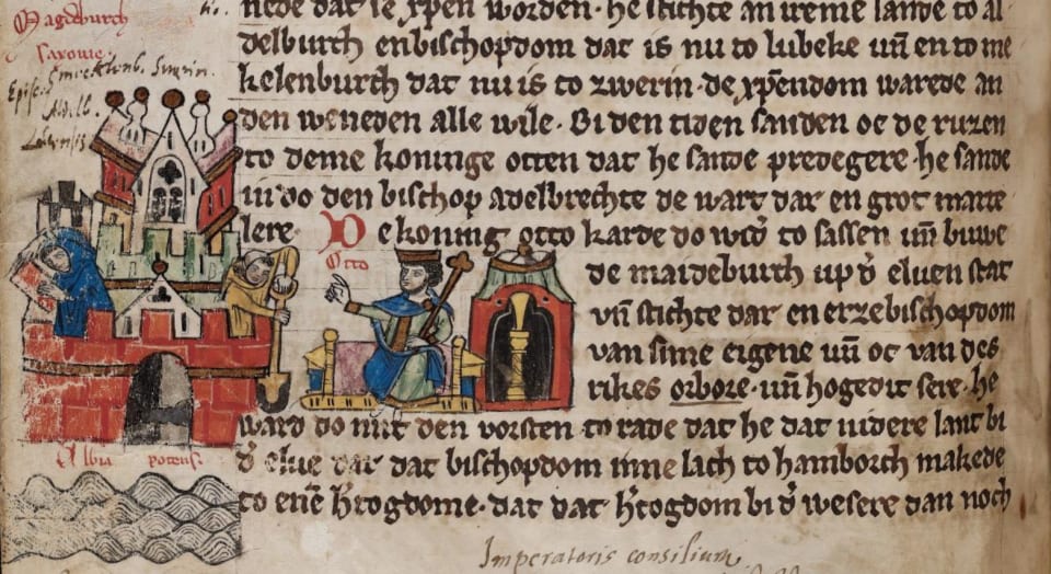 Kaiser Otto baut die Magdeburg. Aus der "Sächsischen Weltchronik", Mitte des 13. Jahrhunderts.