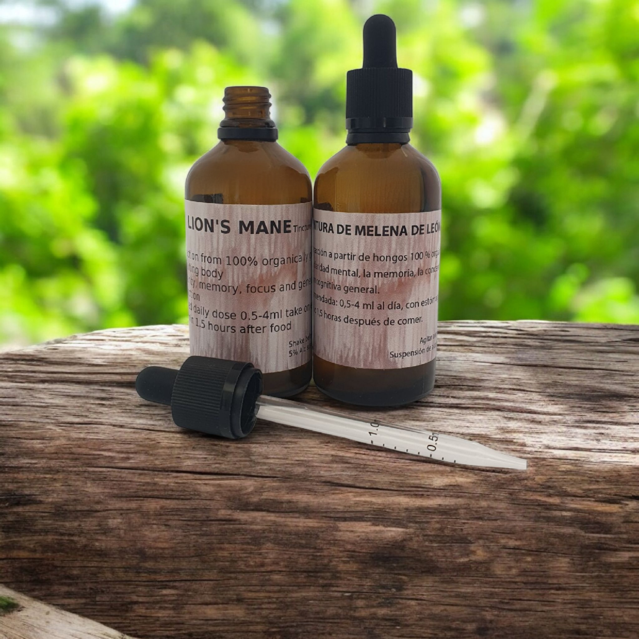 Mushroomhealth Lion's Mane tincture bottles with English and Spanish labels in an outdoor setting