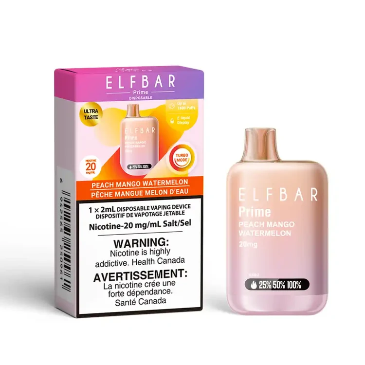 ELFBAR PRIME PEACH MANGO WATERMELON PEACH MANGO WATERMELON ELFBAR PRIME Disposable Vapes available at Puff N Pass Vapes in Abbotsford BC