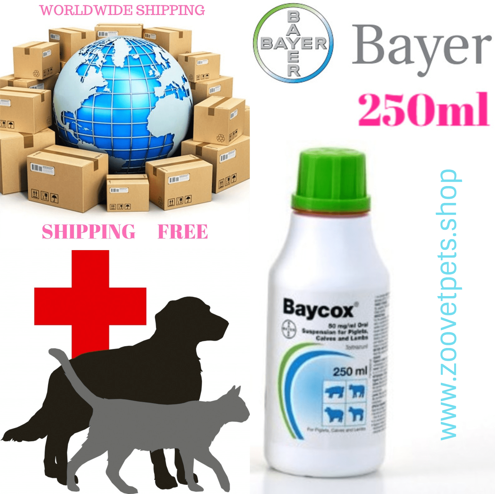 250 ml Baycox 5% Bayer ( Toltrazuril 50mg ) young cattle, coccidiosis pigs caused by : Eimeria bovis, E. zuernii, E. alabamesis (calves) and Isospora suis (piglets)