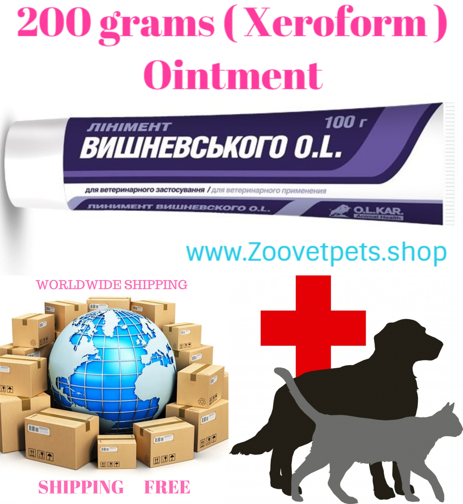 200 grams ( Xeroform ) Ointment for dogs, cats, cat burns, mechanical and traumatic skin injuries, eczema, dermatitis, furunculosis, funiculitis, ulcers, bedsores, frostbite, pyodermia, scabies, serous phlegmons, folliculitis, carbuncle, dermatomycosis