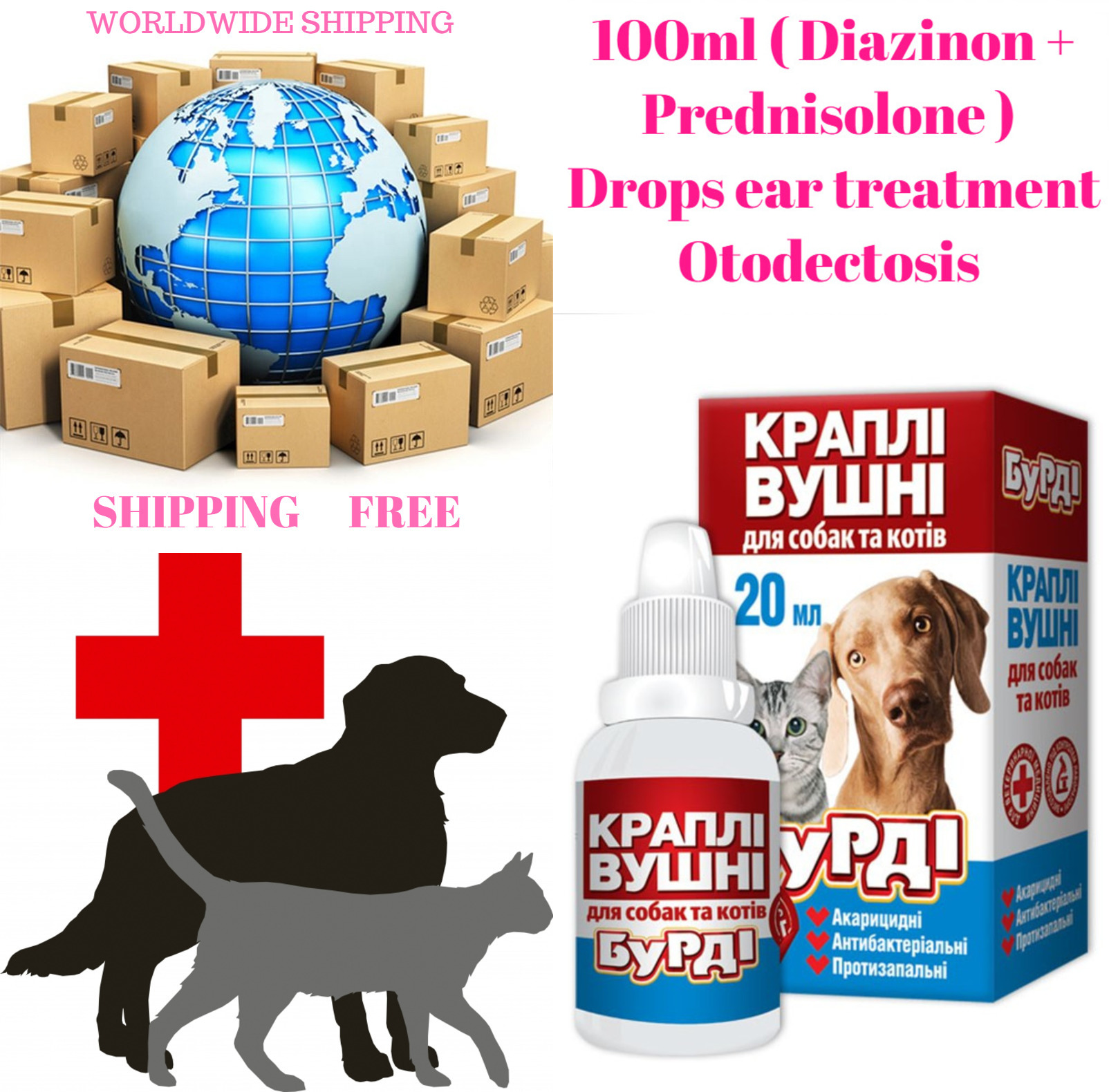 100ml ( Diazinon + Prednisolone ) Drops ear treatment Otodectosis (tick Otodectes cynotis ) in dogs, cats