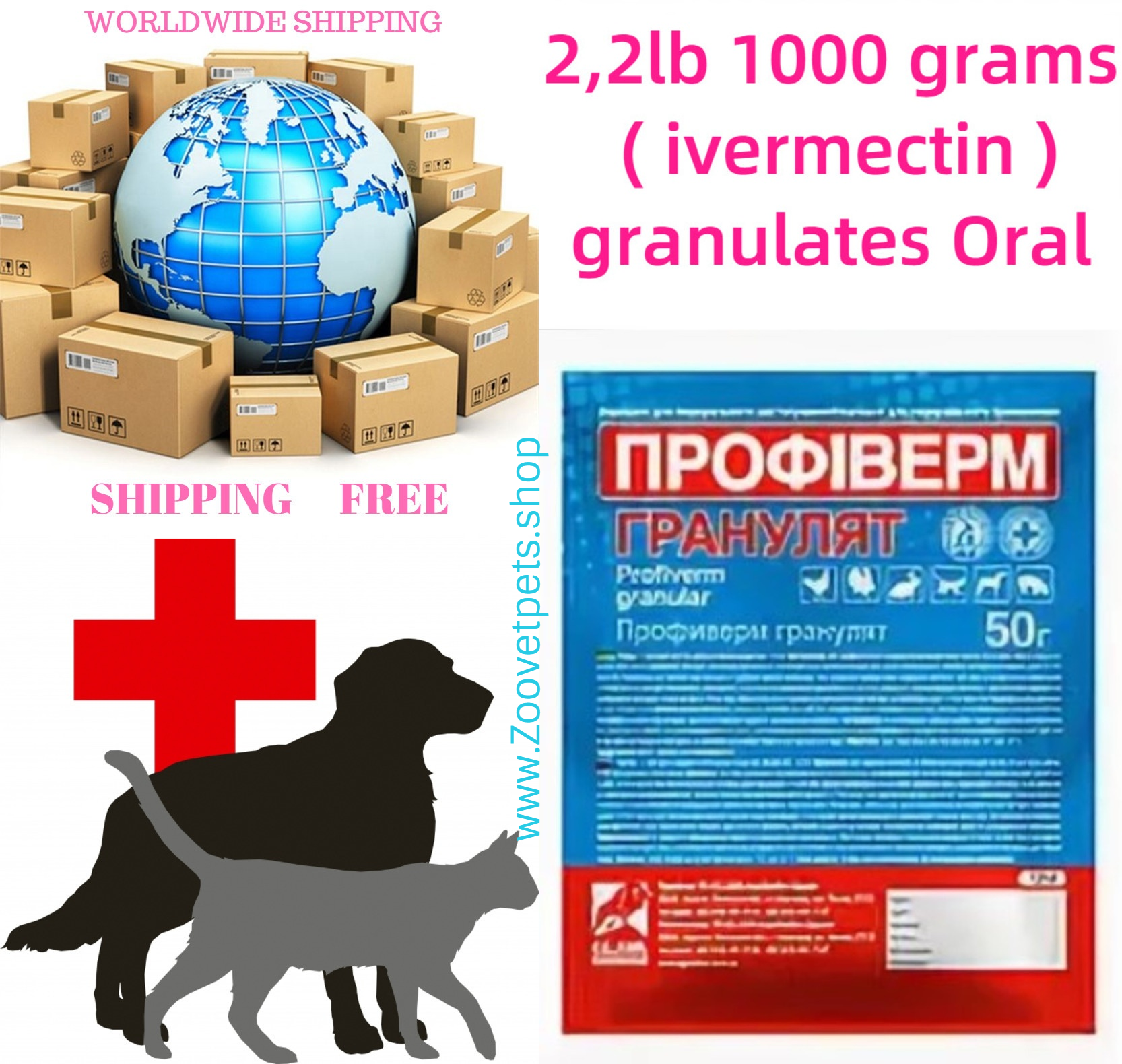 2,2lb ( 1000 grams ivermectin ) pellets Oral dogs, cats, cattle, pig, rabbits, poultry with mature and larval nematode forms, lice, mites Ivomec®