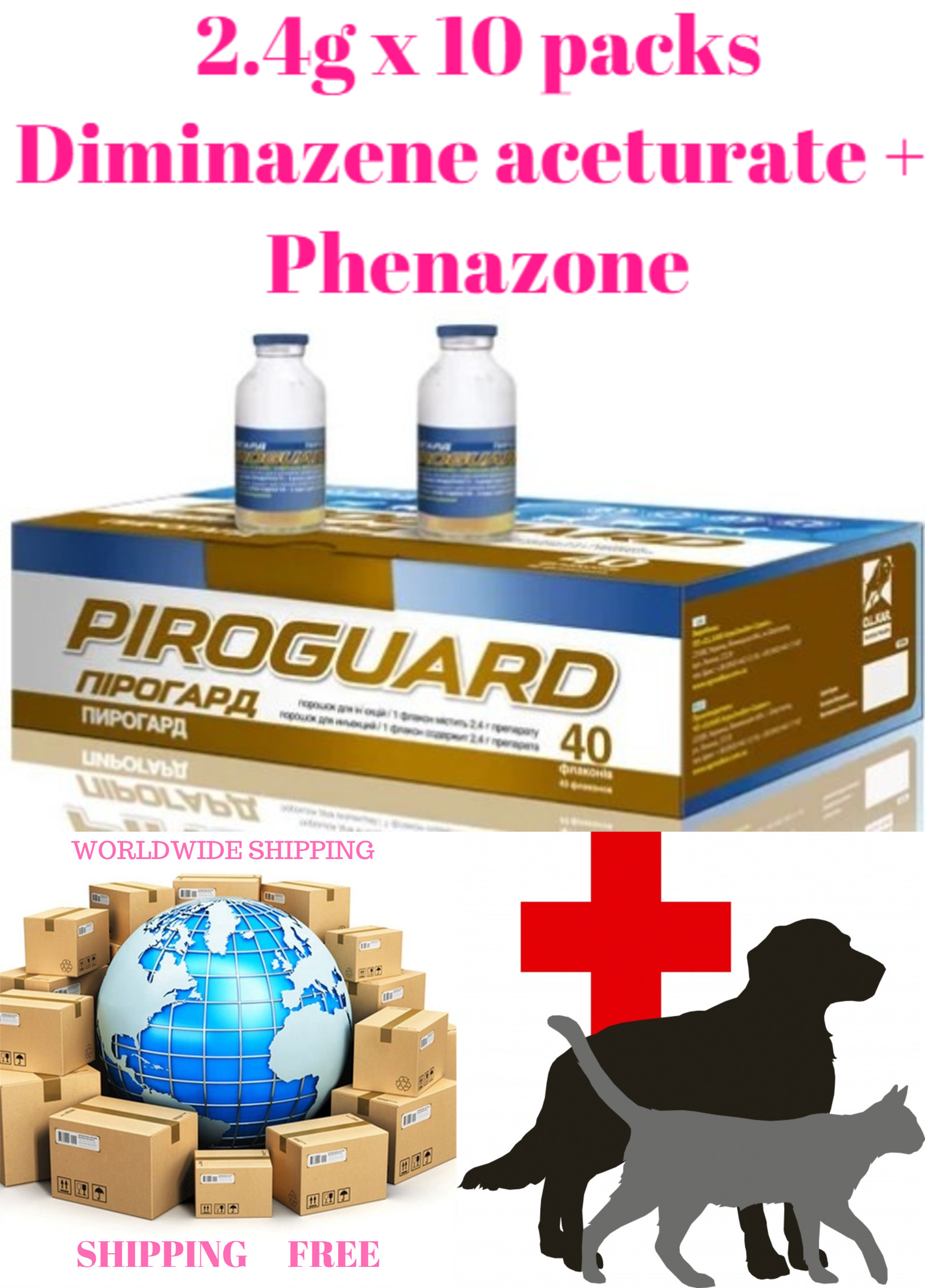 2.4g x 10 packs ( Diminazene aceturate + Phenazone ) Babesiosis, Trypanosomiasis, Teleriosis of dogs, cattle, goats, sheep, horses, pigs Veriben®