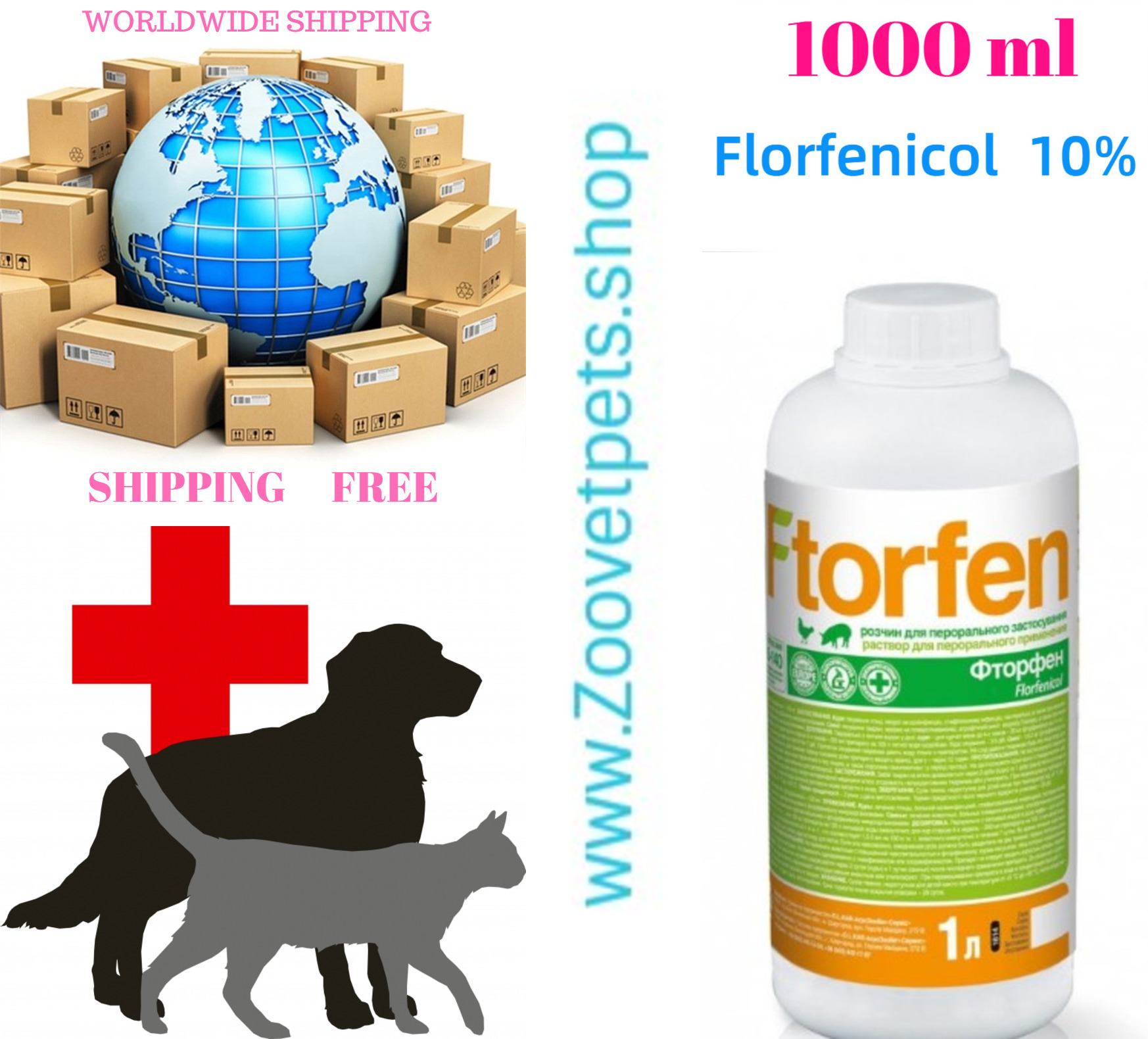 1000ml ( Florfenicol 10% ) Pigs, poultry plevropneumonia, colisepticemia, pasteurellosis, staphyllococcosis, respiratory diseases of bacterial etiology analog 	Nuflor®,Norfenicol,Florvio™,Aquaflor®