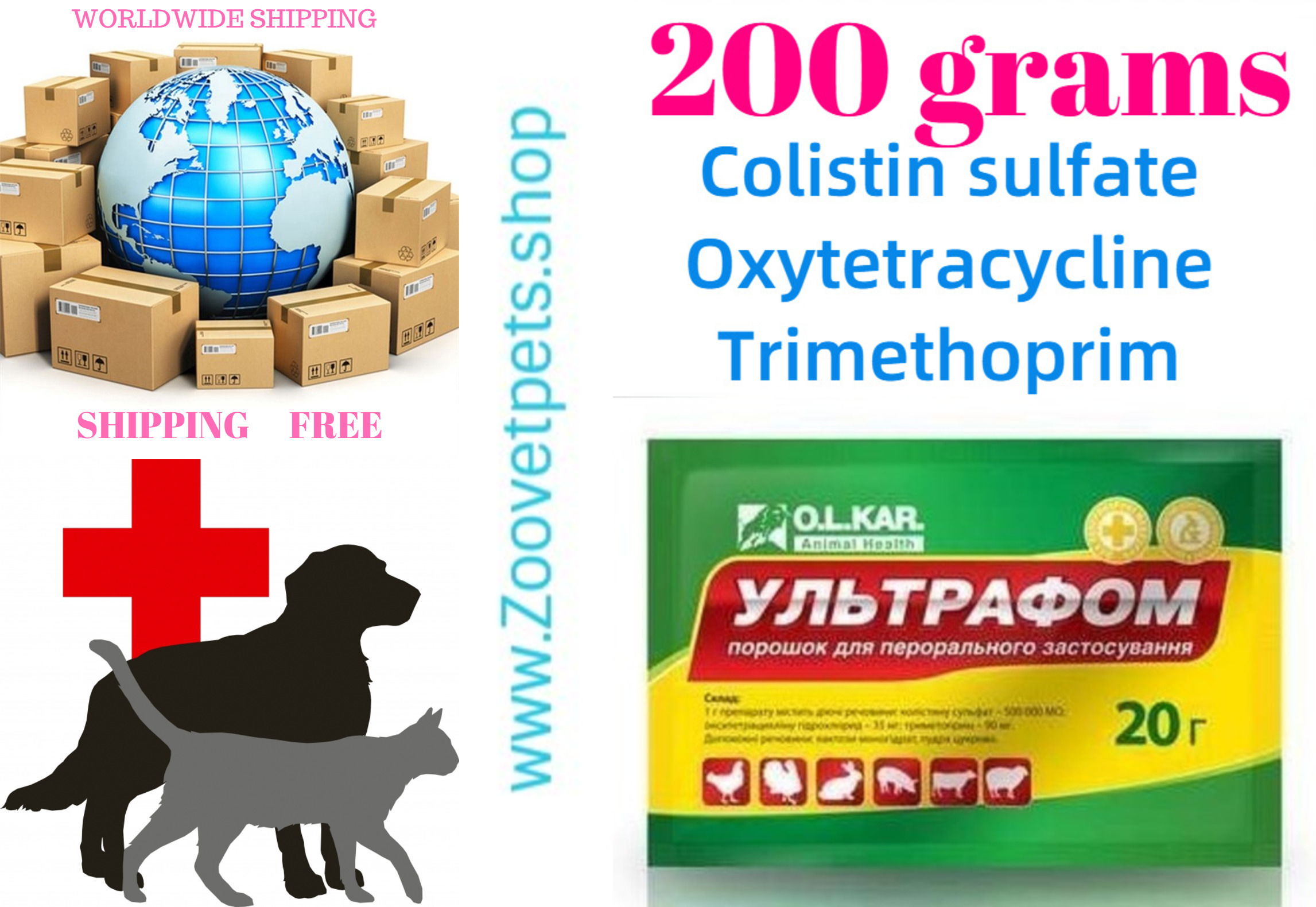 200grams ( Colistin + Oxytetracycline + Trimetoprim ) pigs, rabbits, calves, chickens, turkey dysentery, colibacillosis, pasteurellosis, salmonellosis, as well as in diseases of the digestive tract and respiratory system