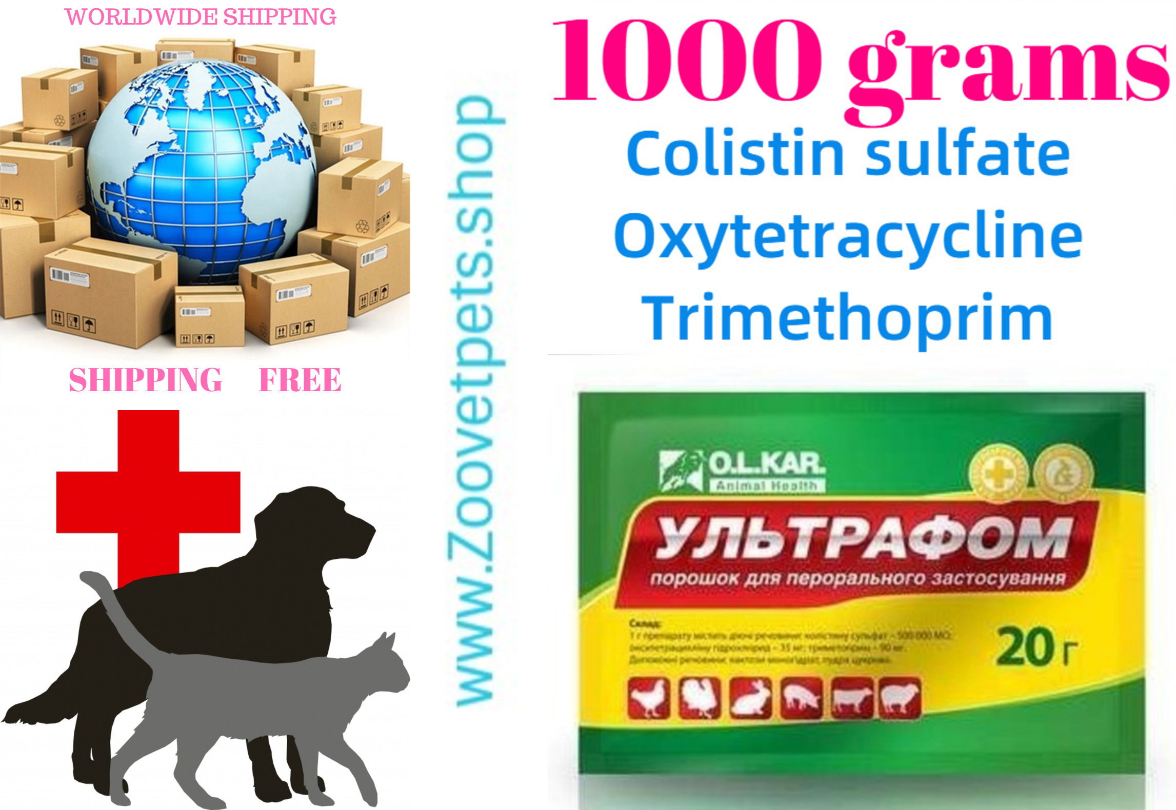 1000grams ( Colistin + Oxytetracycline + Trimetoprim ) pigs, rabbits, calves, chickens, turkey dysentery, colibacillosis, pasteurellosis, salmonellosis, as well as in diseases of the digestive tract and respiratory system