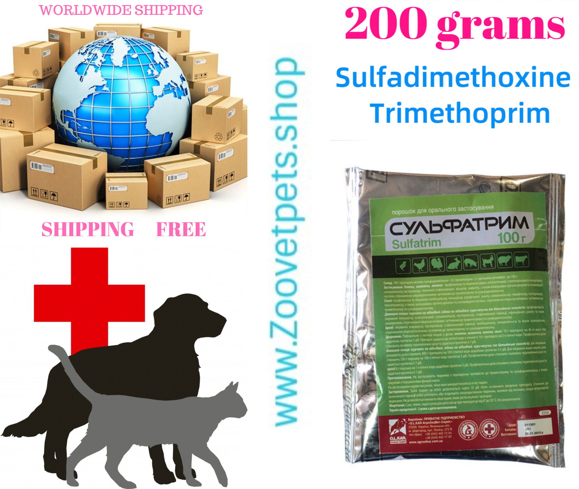 200grams ( Sulfadimethoxine + Trimethoprim ) treatment of diarrhoea, colisepticaemia, streptococcal polyarthritis, salmonellosis, pasteurellosis, pneumonia, staphylococcus adscess omphalitis Di-Methox, SulfaMed™, PRIMOR®, Albon.