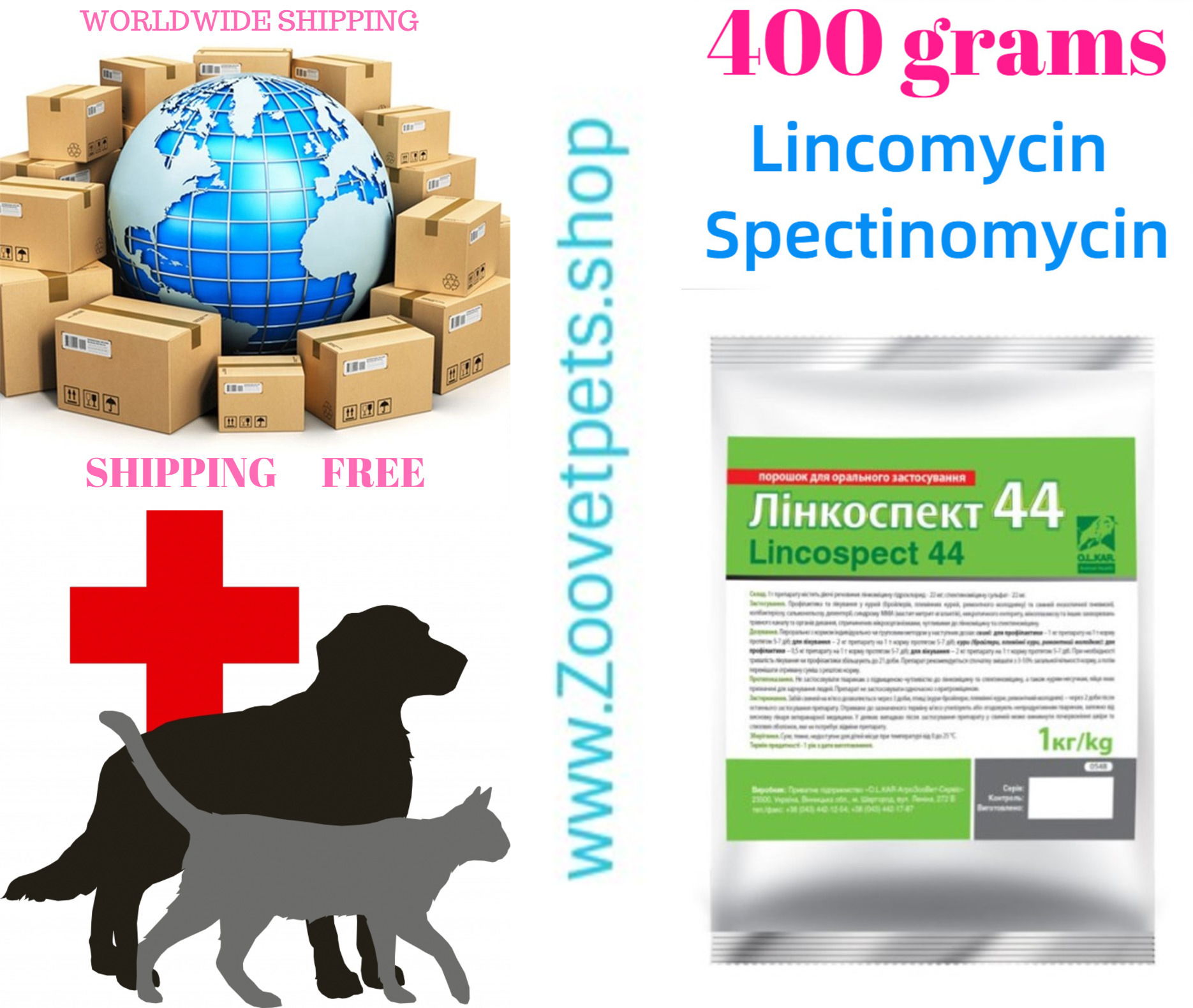 400grams ( Lincomycin + Spectinomycin ) of poultry, pigs, enzootic pneumonia, colibacillosis, salmonellosis, dysentery, mastitis-methyte agalactia, necrotic enteritis, mycoplasmosis, gastrointestinal tract, respiratory system