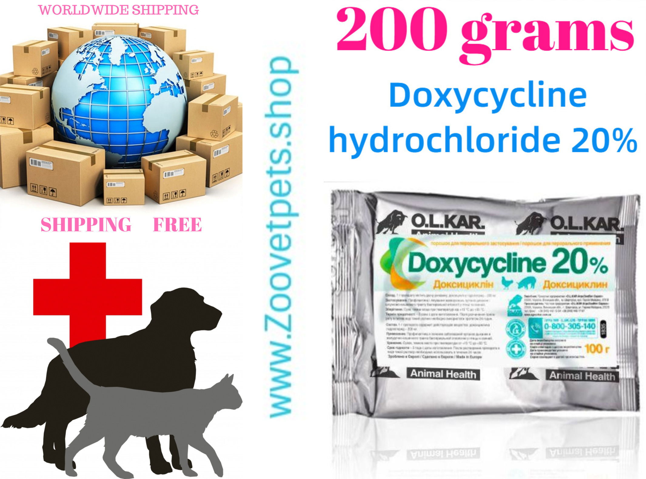 200 grams ( Doxycycline hydrochloride 20% ) of young cattle and small cattle, pigs and poultry: pneumonia, enzootic pig pneumonia, hemophilosis, chlamydia, colibacillosis, salmonellosis, mycoplasmosis, chronic respiratory pathologies, pasteurellosis, staphylococcosis