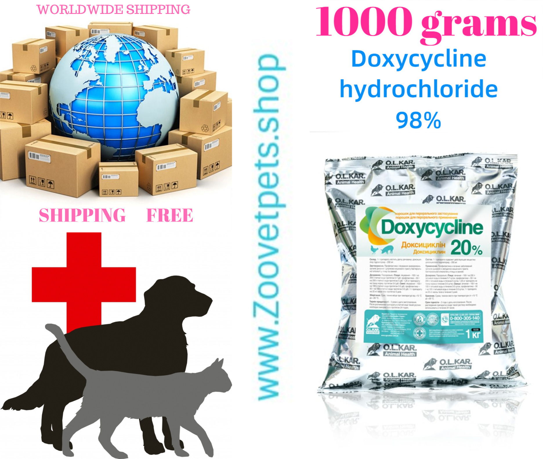 2,2lb ( 1000grams Doxycycline hydrochloride 98% ) of young cattle and small cattle, pigs and poultry: pneumonia, enzootic pig pneumonia, hemophilosis, chlamydia, colibacillosis, salmonellosis, mycoplasmosis, chronic respiratory pathologies, pasteurellosis, staphylococcosis