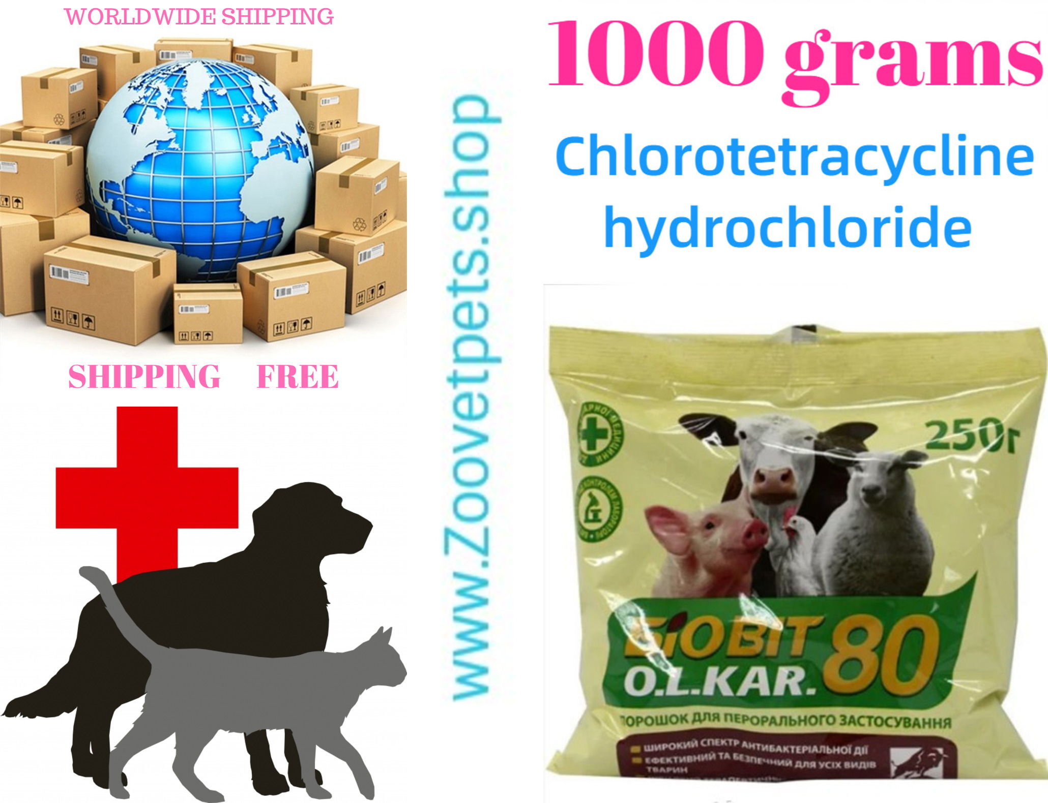 2,2lb ( 1000 grams Chlorotetracycline hydrochloride ) treatment of animals with pasteurellosis, colibacillosis, salmonellosis, listeriosis, leptospirosis, septicemia, gastritis, enteritis, bronchitis, pneumonia, pleuropneumonia, colisepticaemia