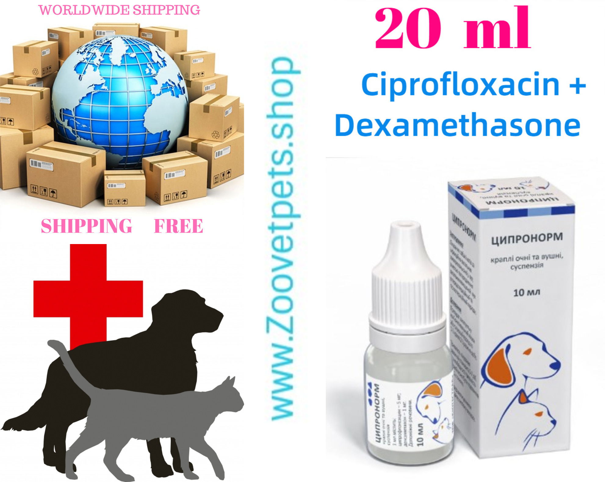 20ml ( Ciprofloxacin + Dexamethasone ) drops in infections and inflammatory diseases of the eyes and ears of the Dogs,Cats