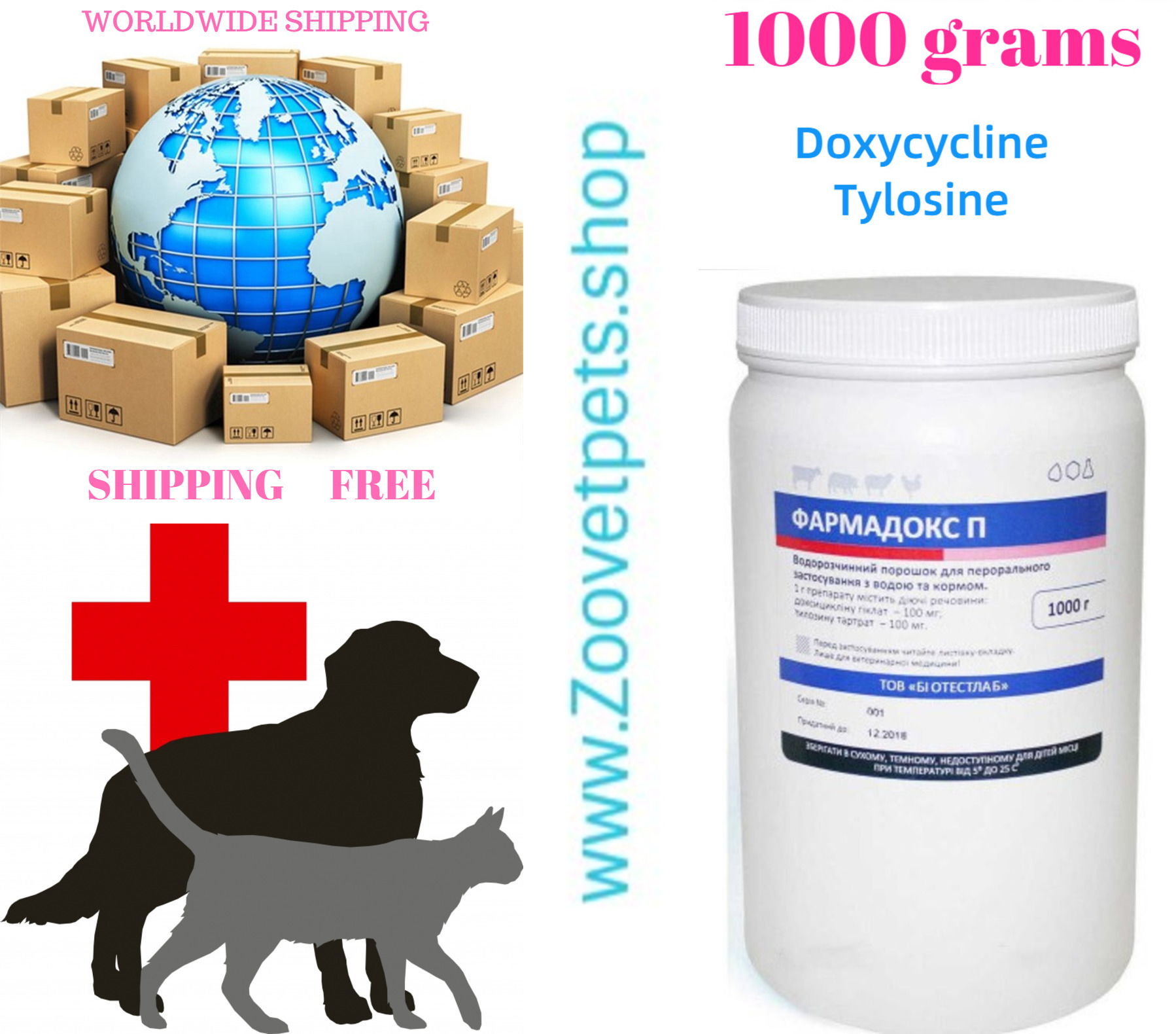 2.2 lb ( 1000 grams Doxycycline + Tylosine ) in respiratory diseases (bronchopneumonia, enzootic pneumonia, atrophic rhinitis, etc.), digestive tract (colibacillosis, salmonellosis, septicemia)