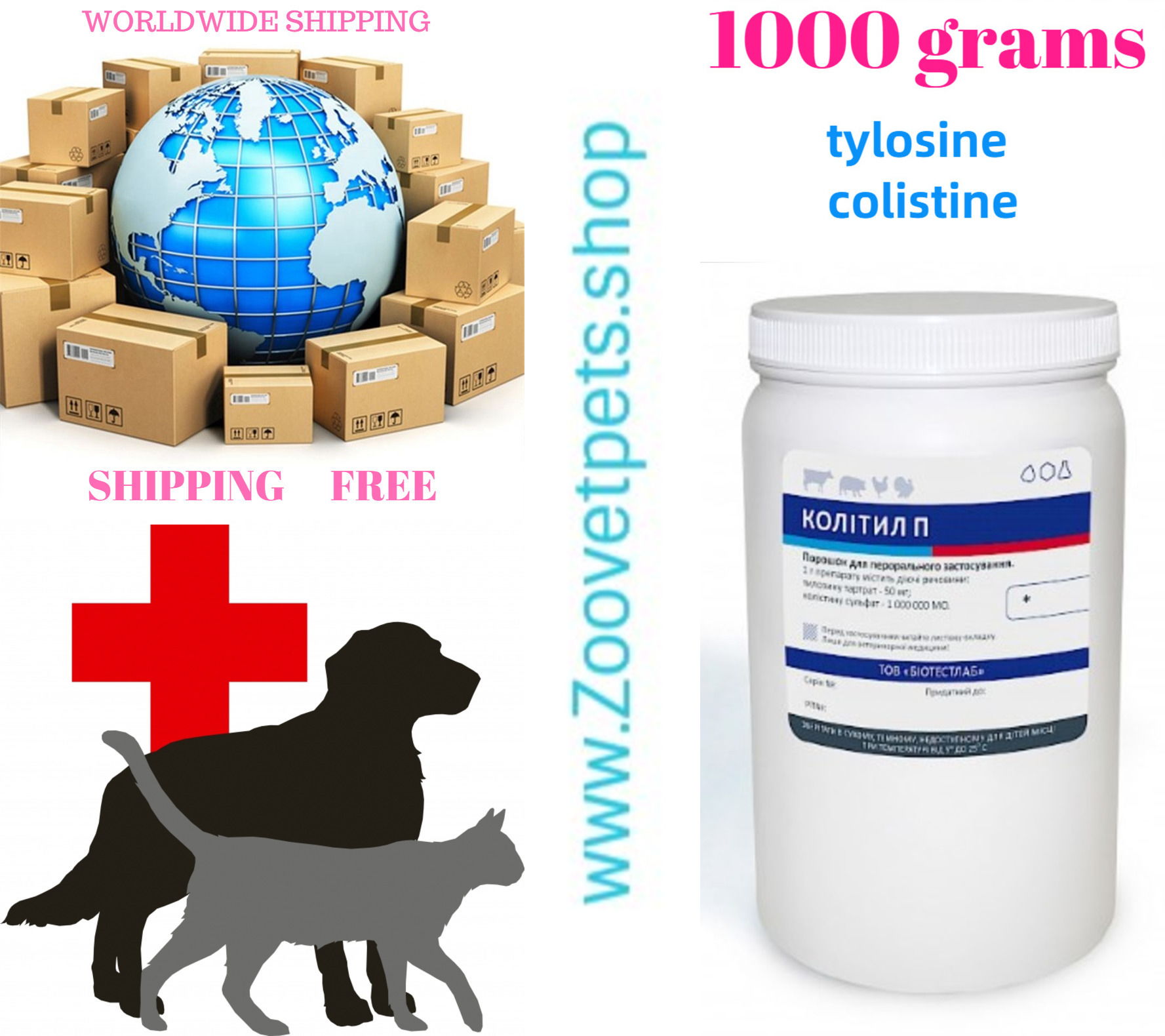 1000 grams ( Tylosine + Colistine ) cattle, pigs, poultry in respiratory and digestive tract diseases