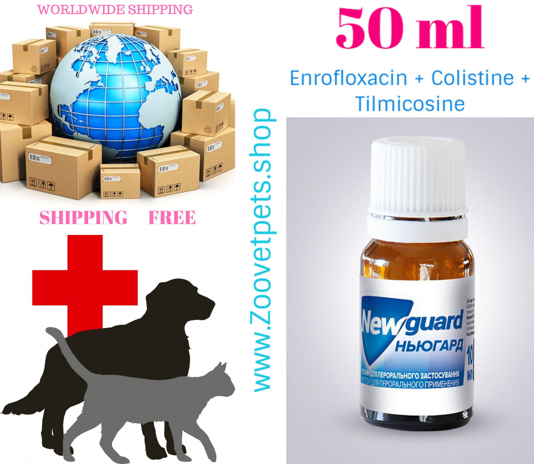 50ml ( Enrofloxacin + Colistine + Tilmicosine ) Treatment of poultry (chickens, broilers, turkeys), colibacillosis, pasteurellosis, salmonellosis, mycoplasmosis,chronic respiratory infections,staphylococcosis,campylobacteriosis