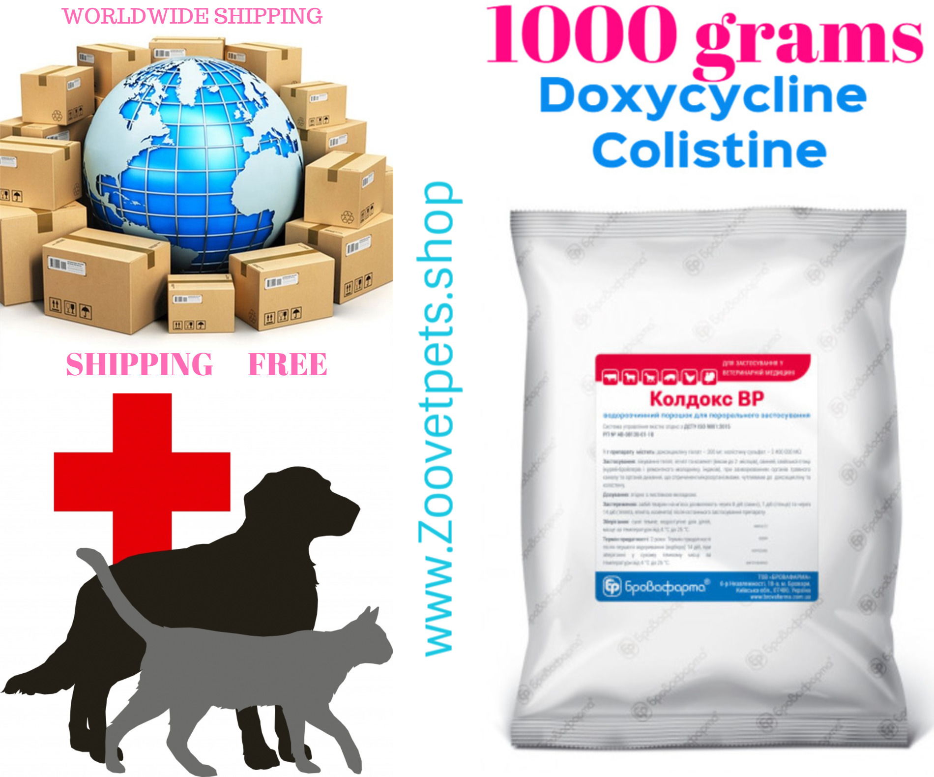 1000 grams ( Doxycycline + Colistine ) Treatment of calves, lambs, goats, pigs, poultry (chickens-broilers, repair youngsters, turkeys) in diseases of the gastrointestinal tract and respiratory system, arthritis; dysentery; colibacillosis; pasteurellosis; pneumonia; salmonellosis; enteritis