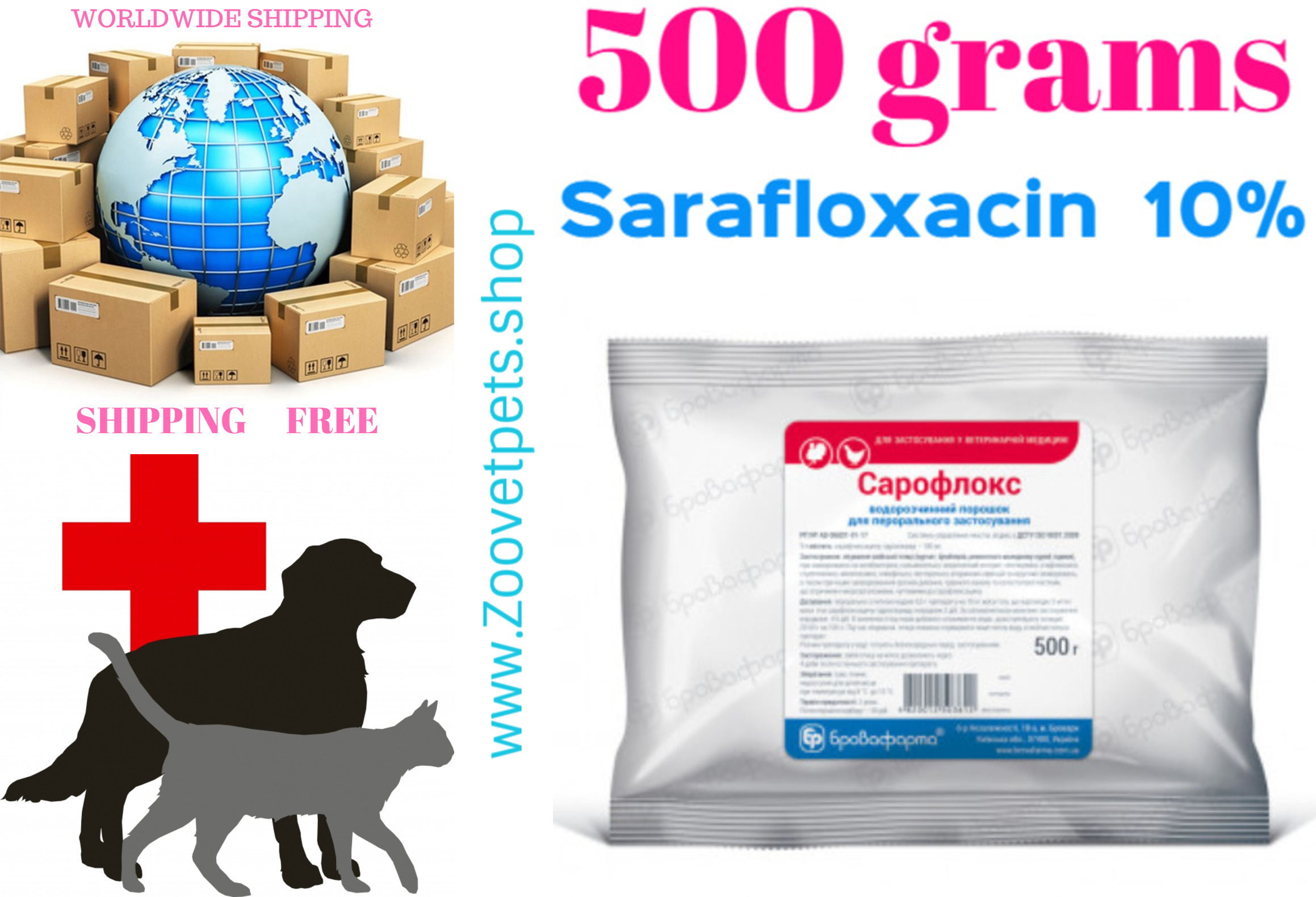 500 grams ( Sarafloxacin 10% ) treatment of poultry (chickens, broilers, young chickens, turkeys) in colibacillosis, salmonellosis, necrotic enteritis, septicemia, staphylococcosis, streptococcosis, mycoplasmosis, hemophilesis, pasteurellosis, diseases of the respiratory system, gastrointestinal tract, urinary tract, bronchitis; gastrophilosis; cloacite; colibacillosis; pasteurellosis; pneumonia; rhinitis; salmonellosis; sepsis; staphylococci; streptococci; enteritis SaraFlox®,Sarafin