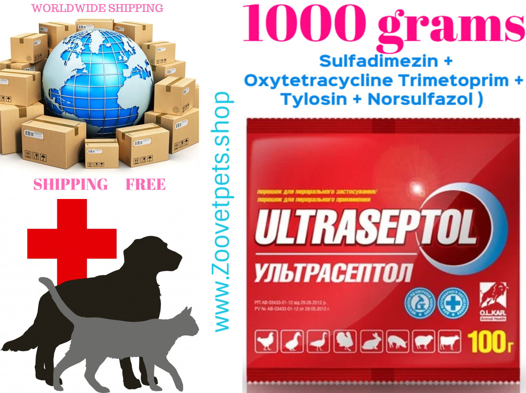 1000 grams ( Sulfadimezin + Oxytetracycline + Trimetoprim + Tylosin + Norsulfazol ) treatment of animals with gastroenteritis, salmonellosis, pasteurellosis, campylobacteriosis (vibriosis), digestive disorders with clinical manifestations of diarrhea