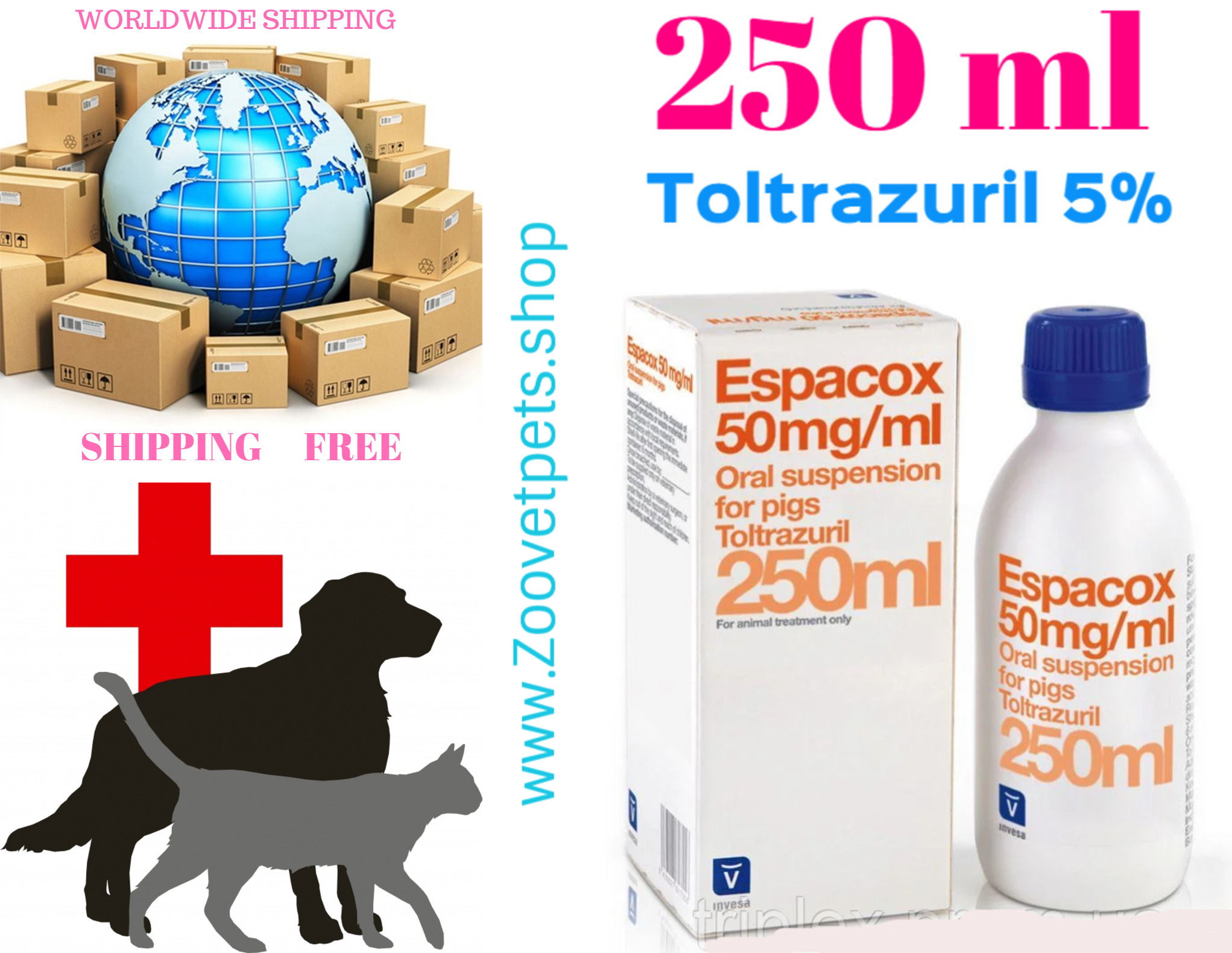 250ml ( Toltrazuril 5% )  Cattle, Pigs, lamb, Calves, Rabbits ( Coccidioses; Eimeria Carpelli ) analog Baycox 5%