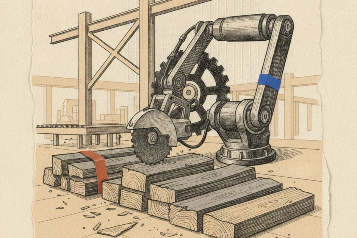 Illustration editoriale : Des robots usinent des blocs de bois déclassé