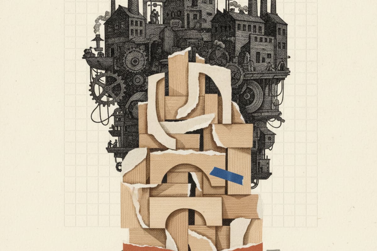 Illustration editoriale : Triqbriq industrialise un bloc de bois sans colle