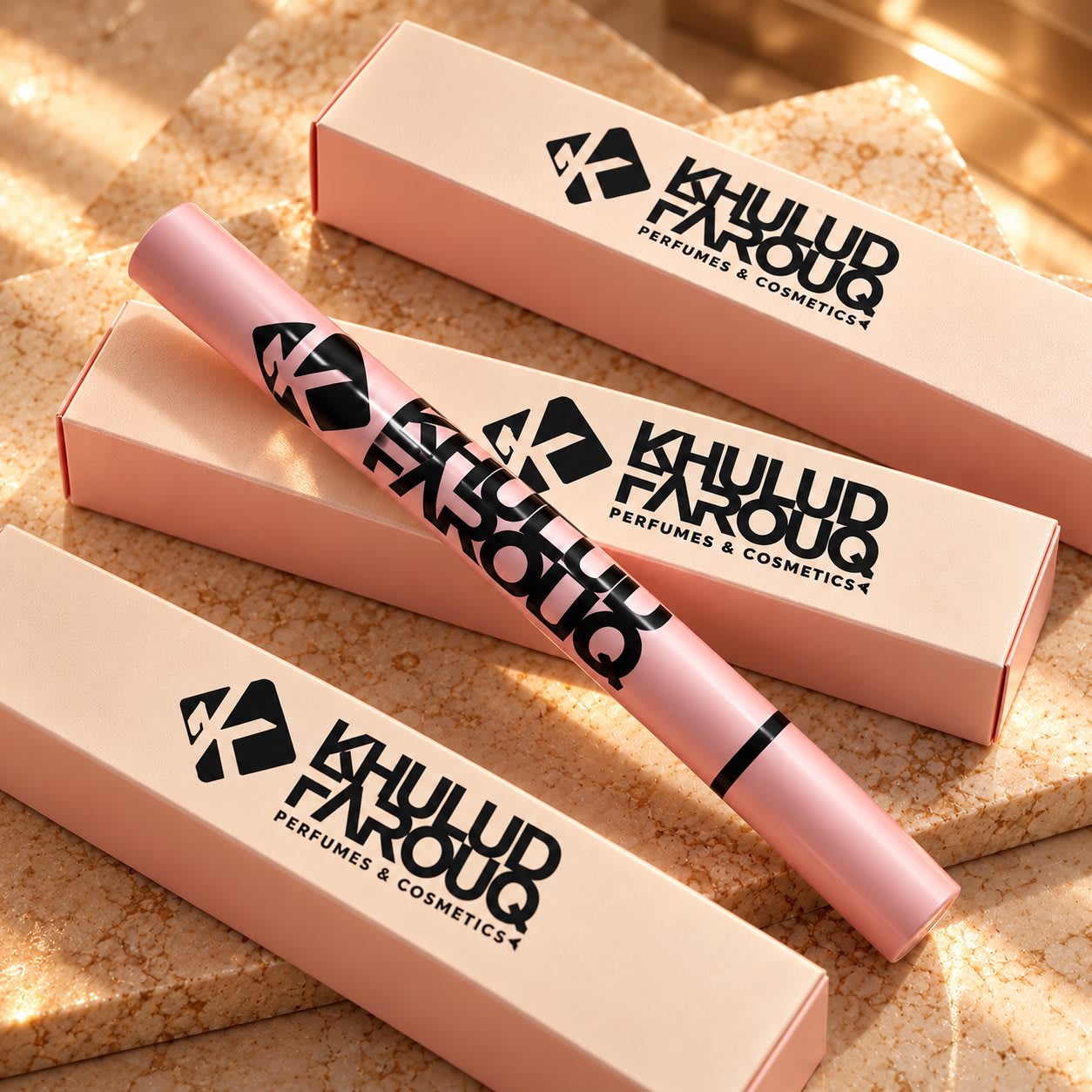 Eyeliner pen on pink Khulud Farouq boxes on a sunlit marble plinth