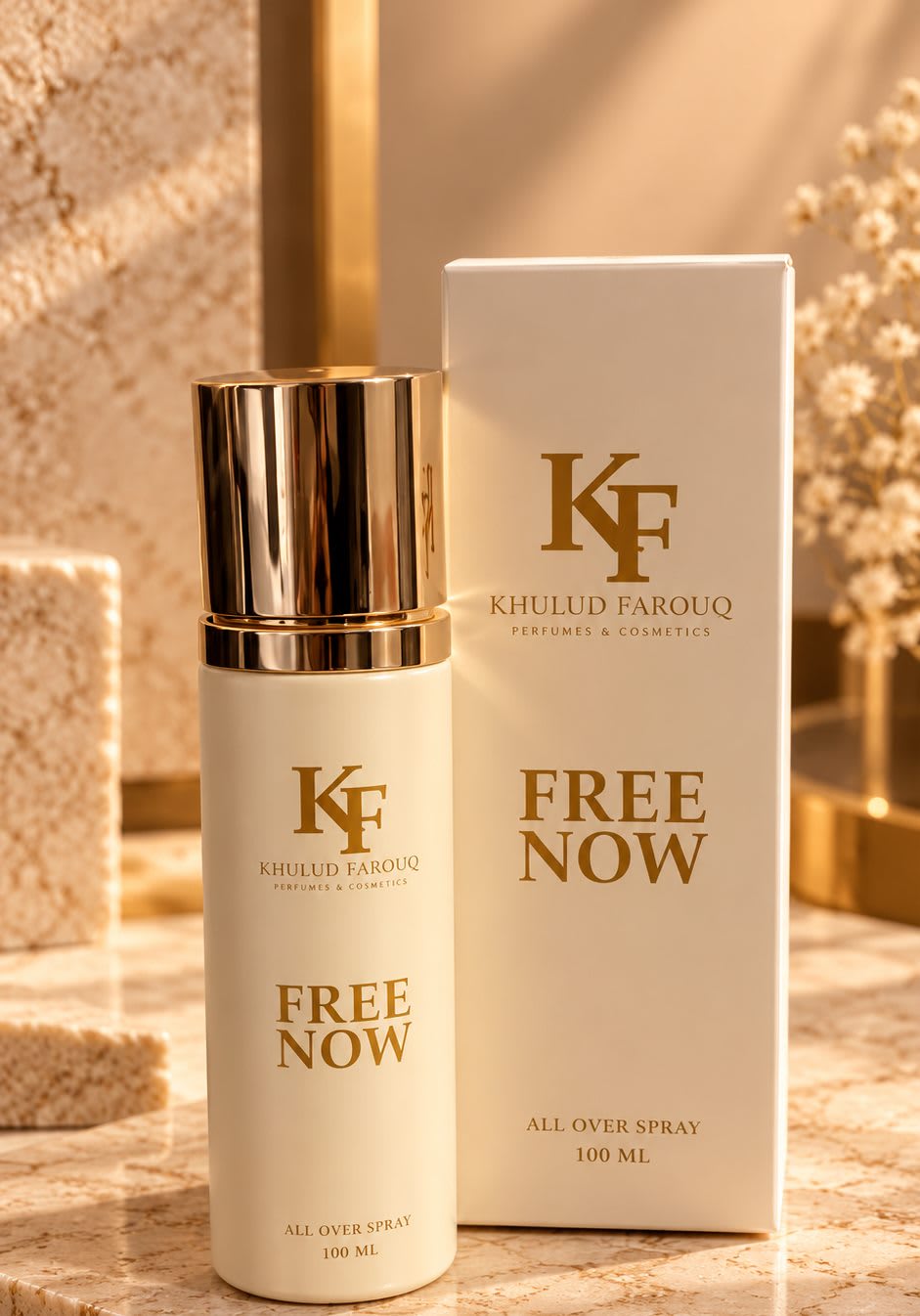 Free Now all over spray bottle beside its cream box