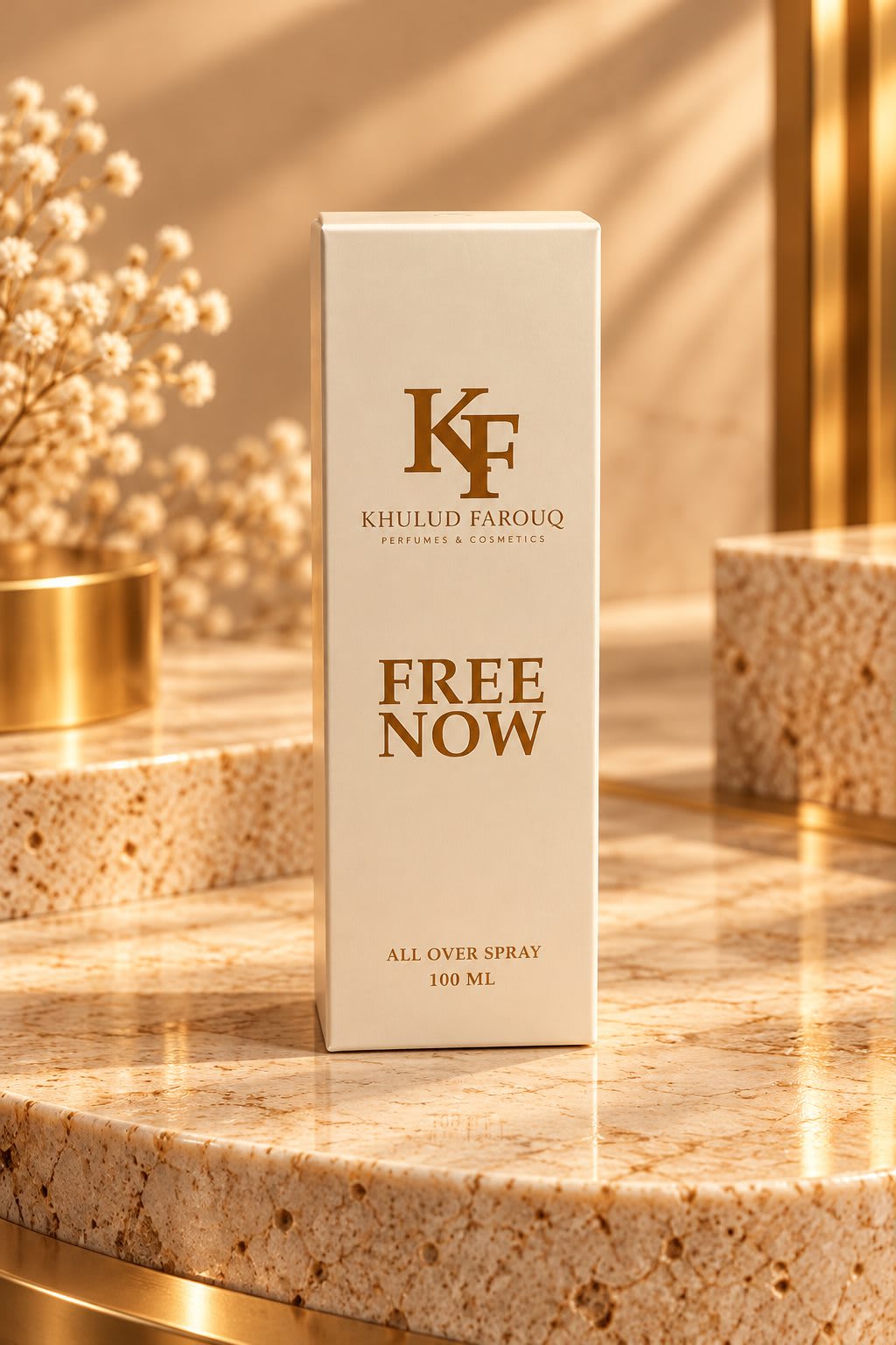 Free Now spray box with its bottle on a marble plinth